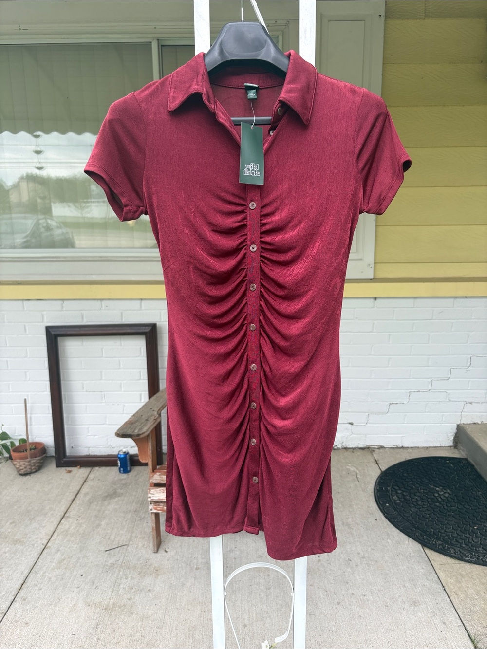 wild fable Burgundy Ruched Button-Front Mini Dress